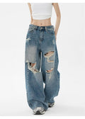 Vintage Blue Ripped Washed Denim Pants Women Leg Pants