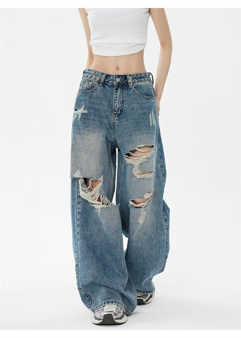Vintage Blue Ripped Washed Denim Pants Women Leg Pants