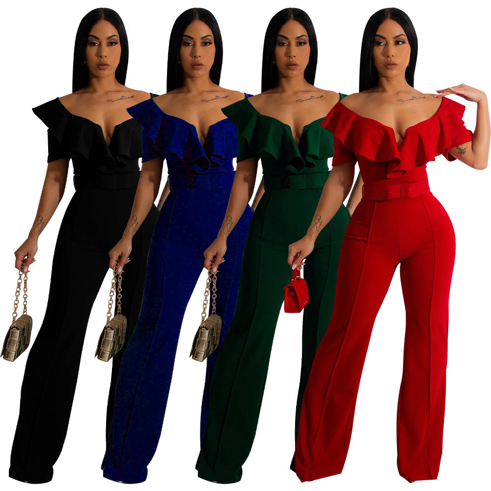V-neck ruffled sexy waist cinching jumpsuit for women