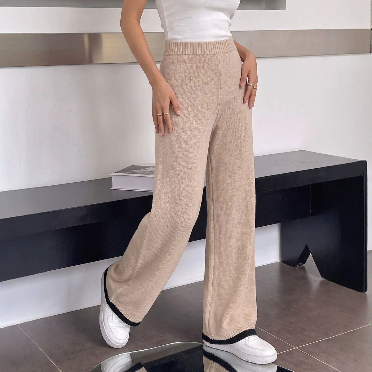 Fall Knit Pants Woven Women's  Casual Pants Waist Straight Leg Wide Leg Pants
