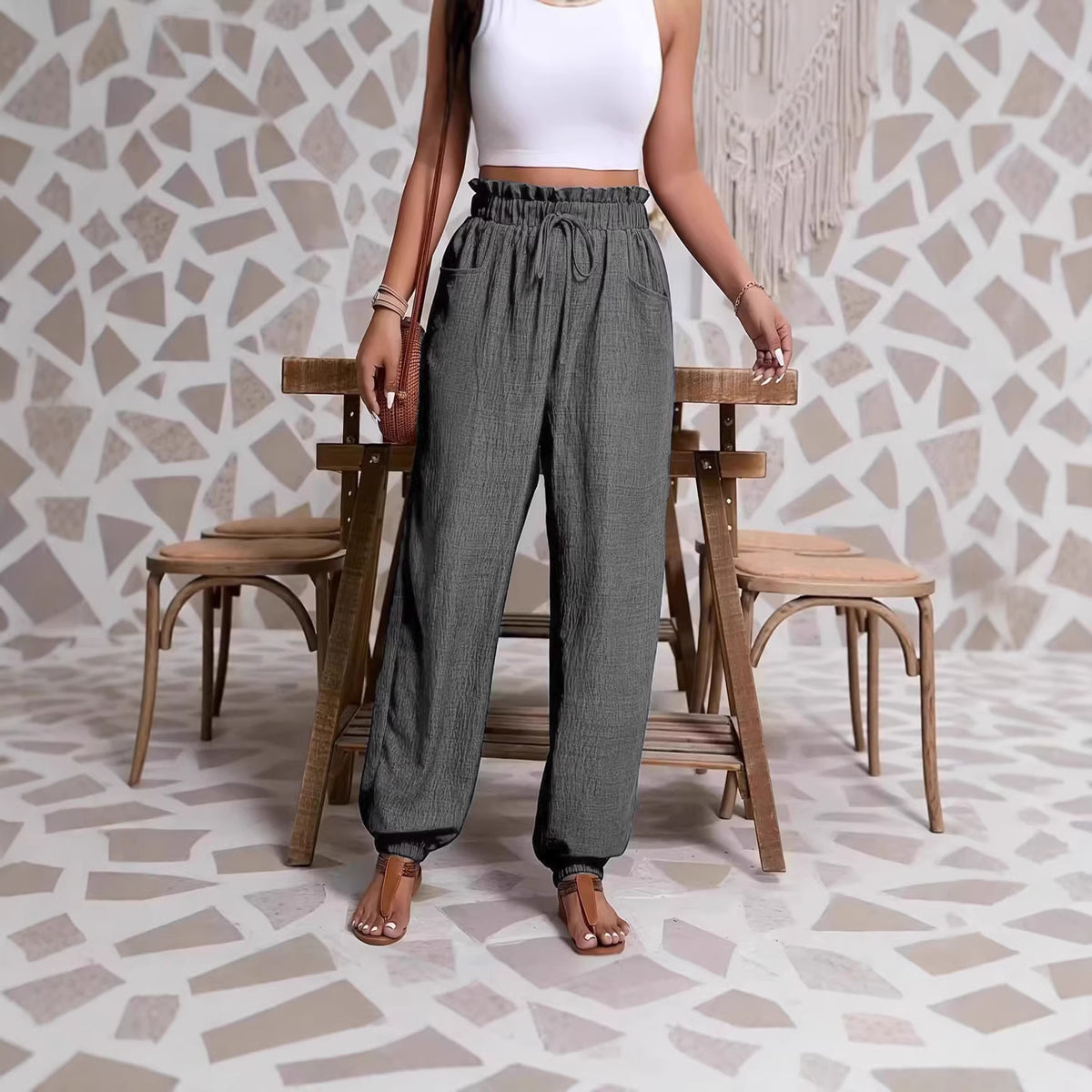 Elastic solid color pants for women