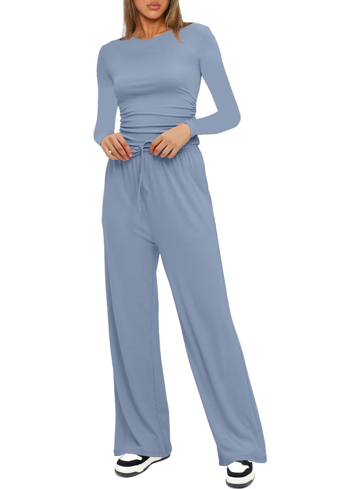 Casual Set Pleated Design Solid Color Long Sleeve Top High Waist Wide Leg Pants Sportswear