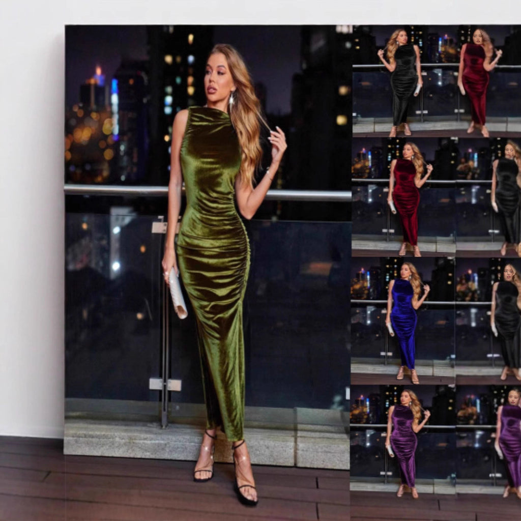 Sleeveless Velvet Fashion Side-Slit Fitted Bodycon Long Dress