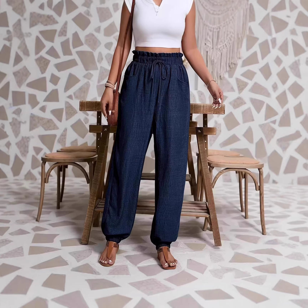 Elastic solid color pants for women