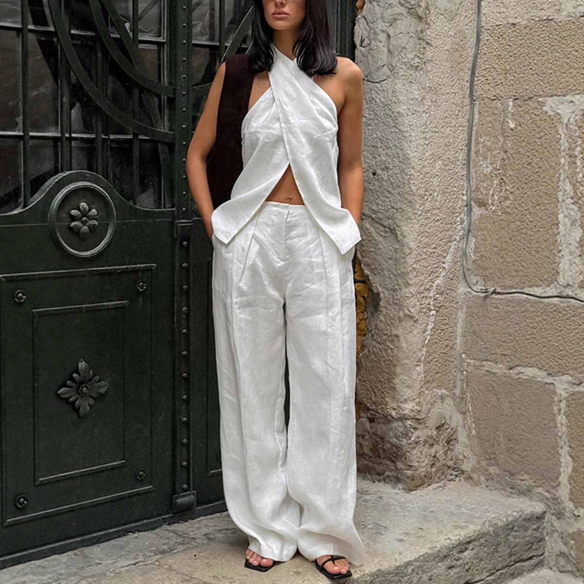 White Off-the-Shoulder Top and Pants Set for Women - Simple Casual Vest and Long Pants Two-Piece Outfit