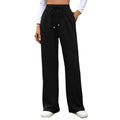 Solid color elastic waist pocket loose straight leg pants for women