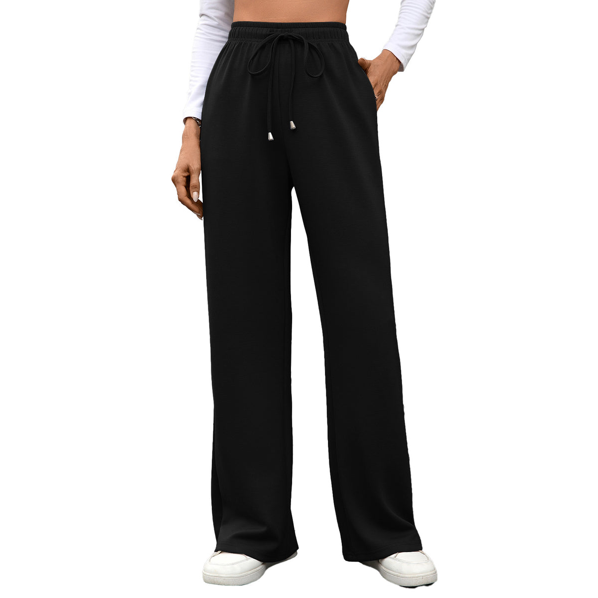 Solid color elastic waist pocket loose straight leg pants for women