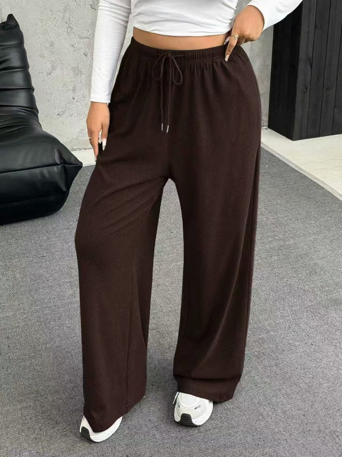 Casual Loose Straight Leg Trousers for Women with Drawstring Waist