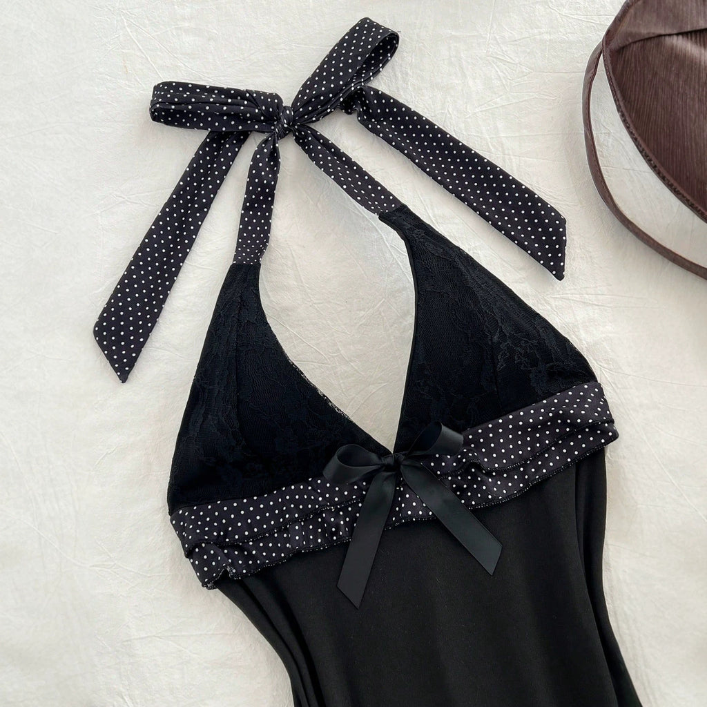 V-neck hanging neck strap slim fit dress