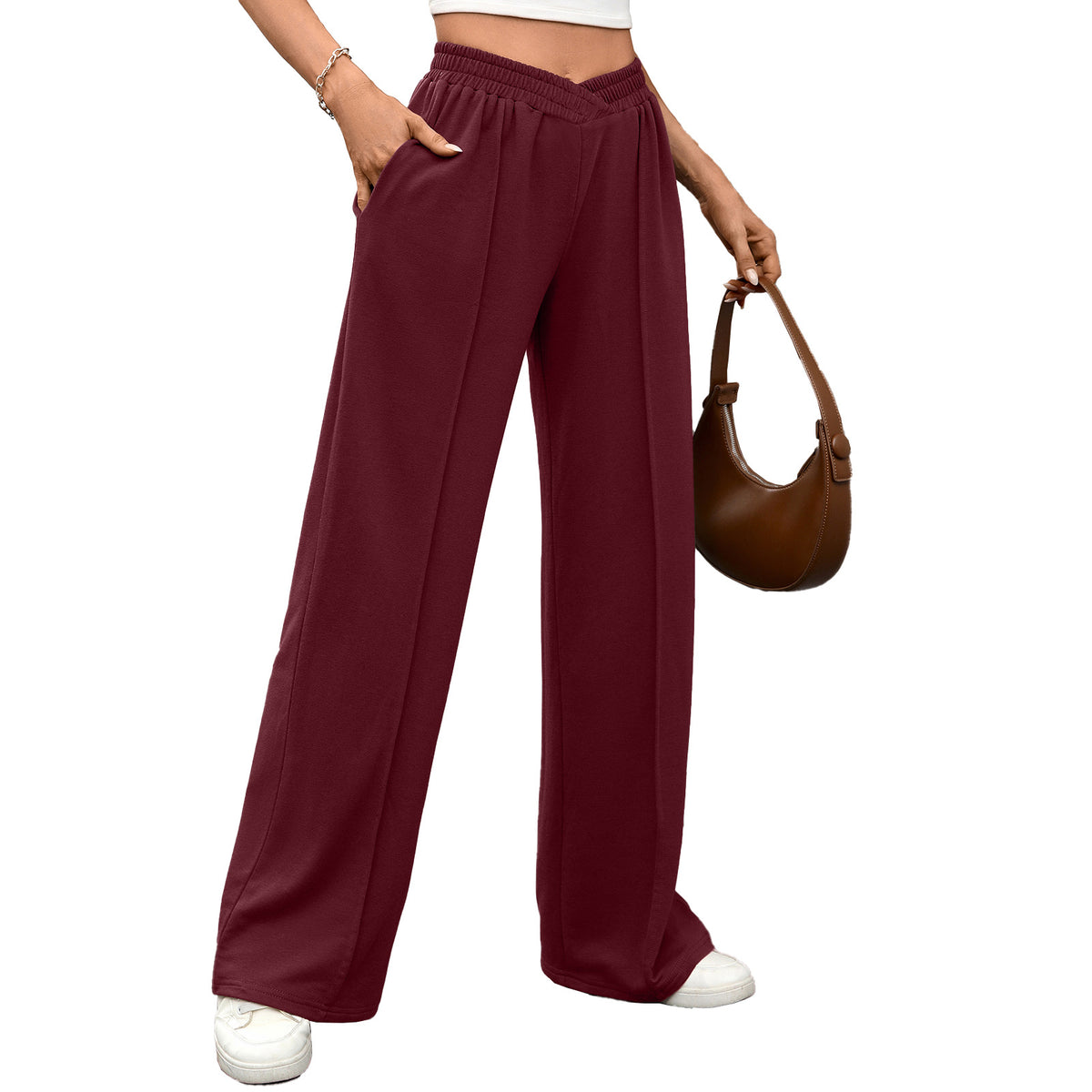 Elastic waist loose straight leg pants for women