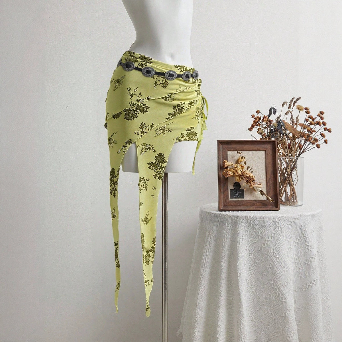 Irregular Mesh Panelled Metal Belt Low-Waist Skirt
