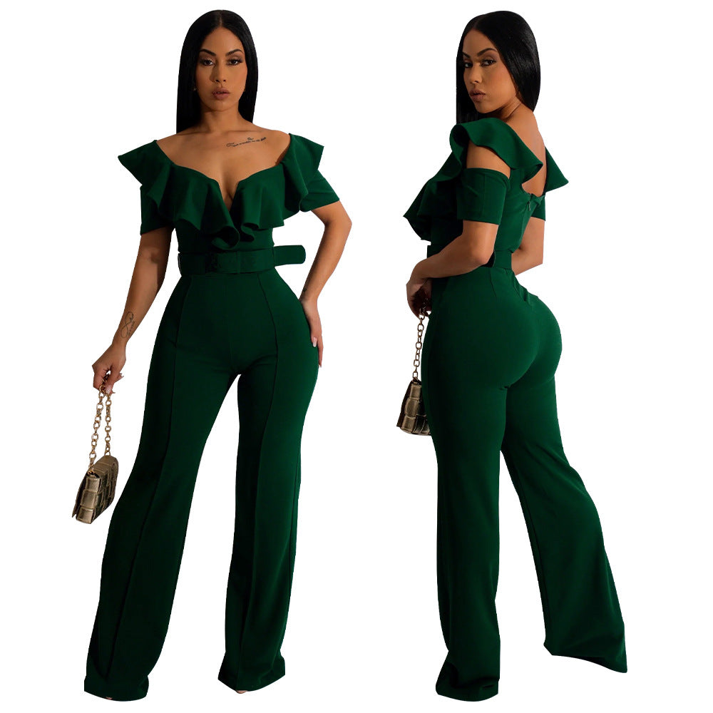 V-neck ruffled sexy waist cinching jumpsuit for women