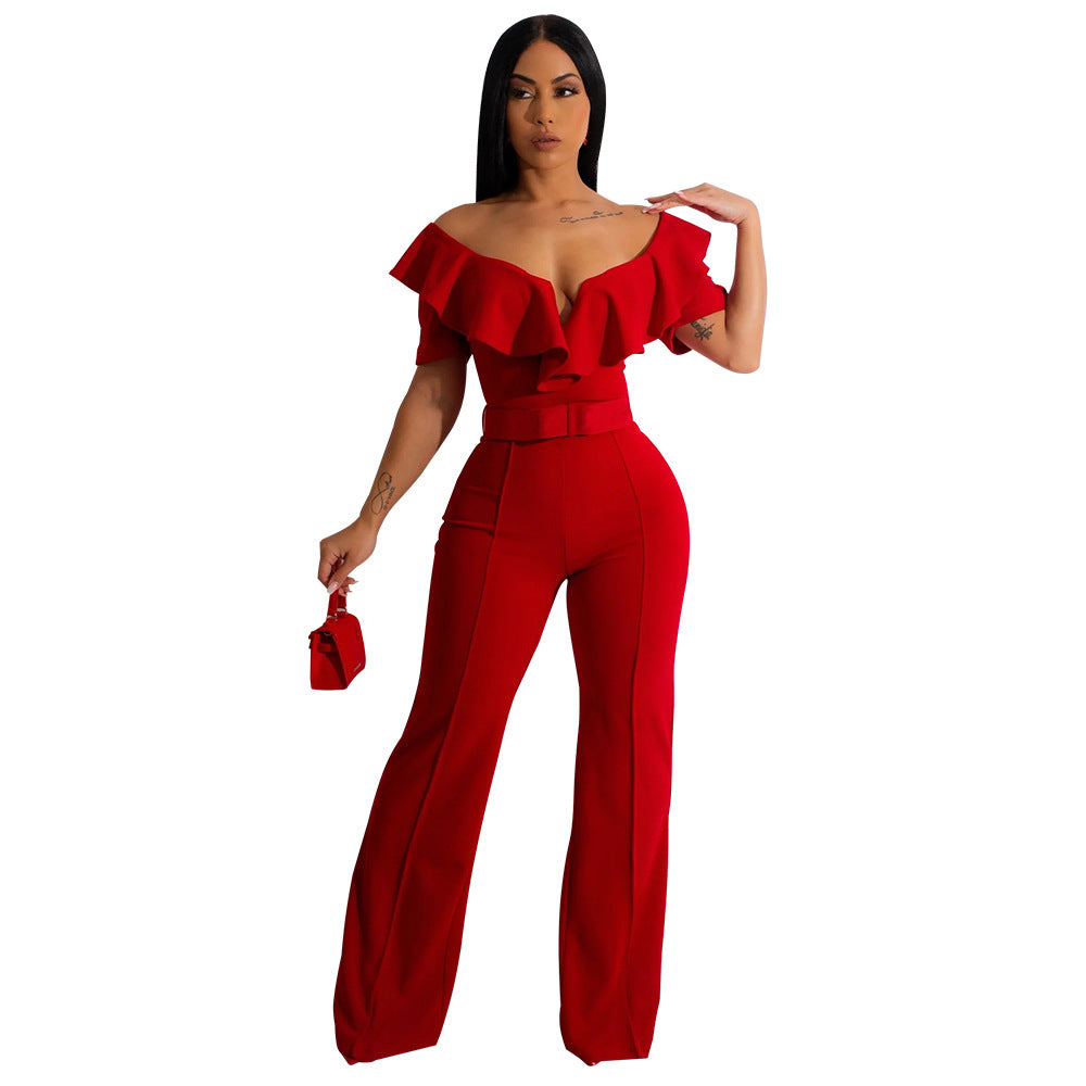 V-neck ruffled sexy waist cinching jumpsuit for women