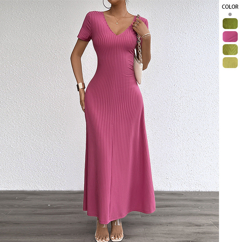 Solid Color Sexy Deep V-Neck Short Sleeve Long Dress for Women