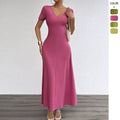 Solid Color Sexy Deep V-Neck Short Sleeve Long Dress for Women