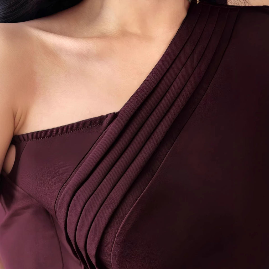 Elegant Red Asymmetrical Neck Long Sleeve Dress for Women Pleated Waist-Fitted Bodycon Style, Chic and Sophisticated Design