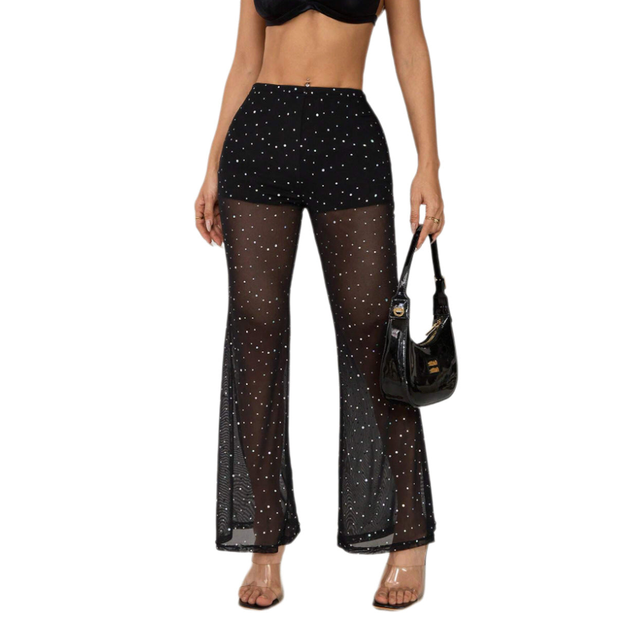 Tailored mesh see through rhinestone pants for women