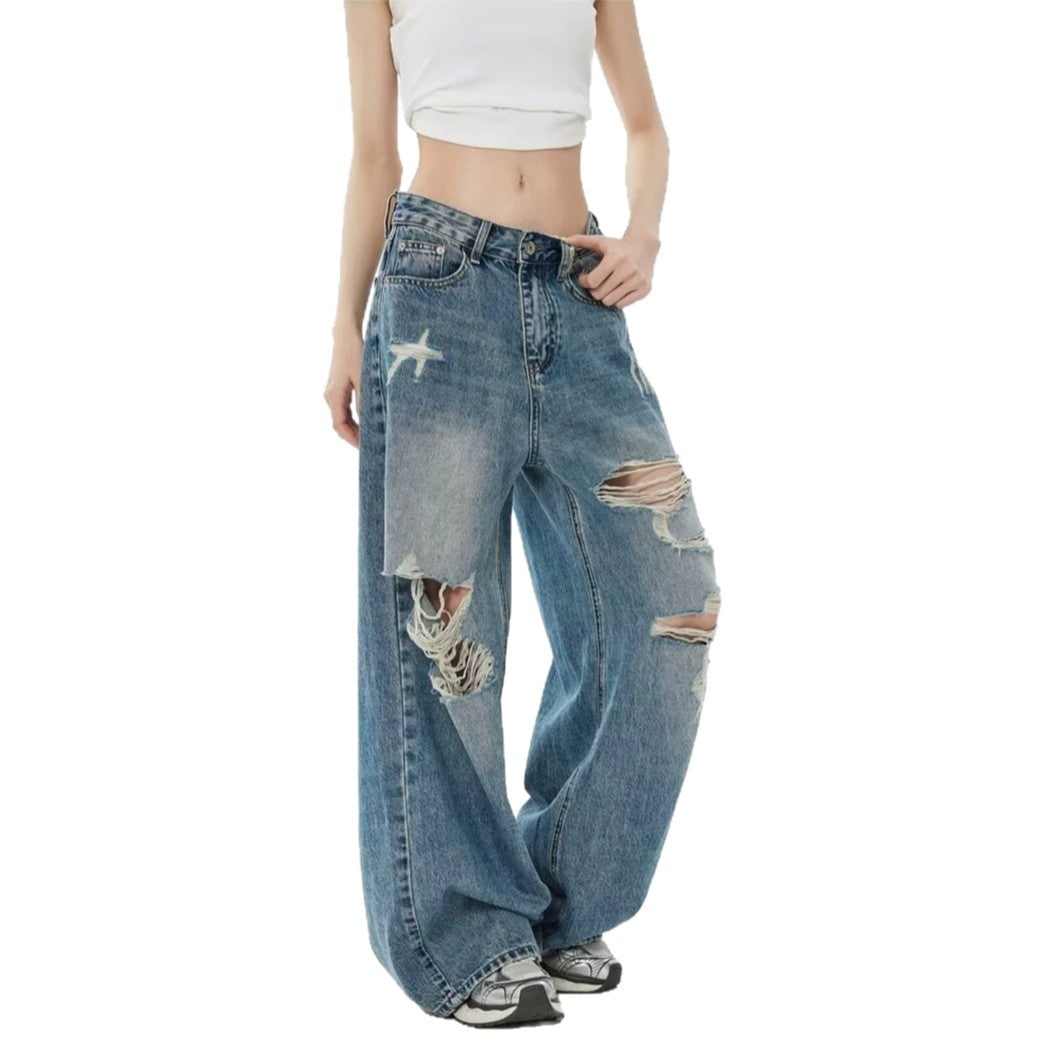 Vintage Blue Ripped Washed Denim Pants Women Leg Pants