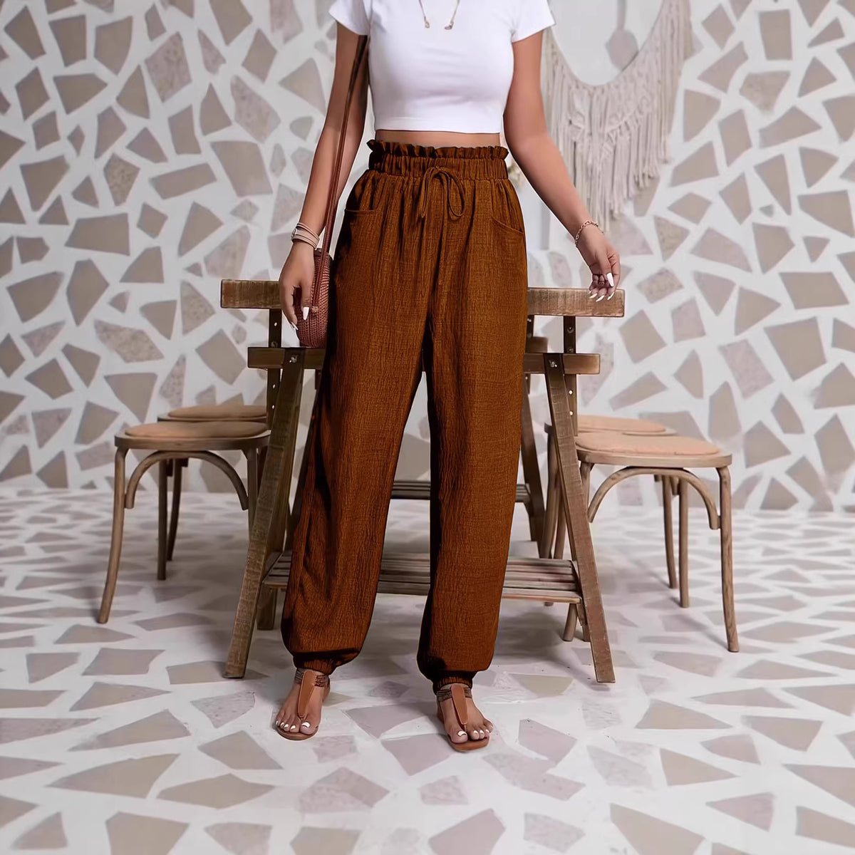 Elastic solid color pants for women