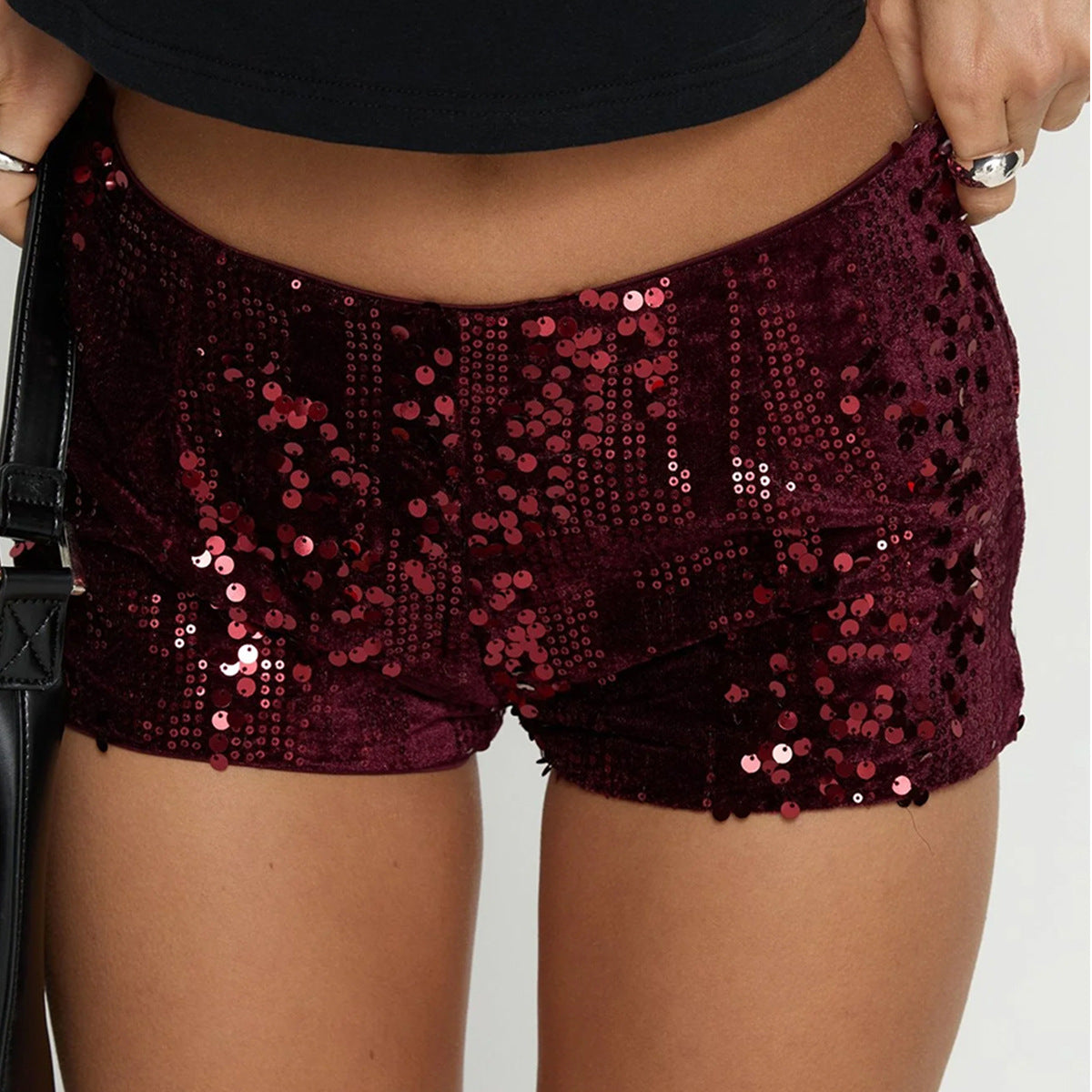 Slim fit hip hugging low waist sequined hot pants for women