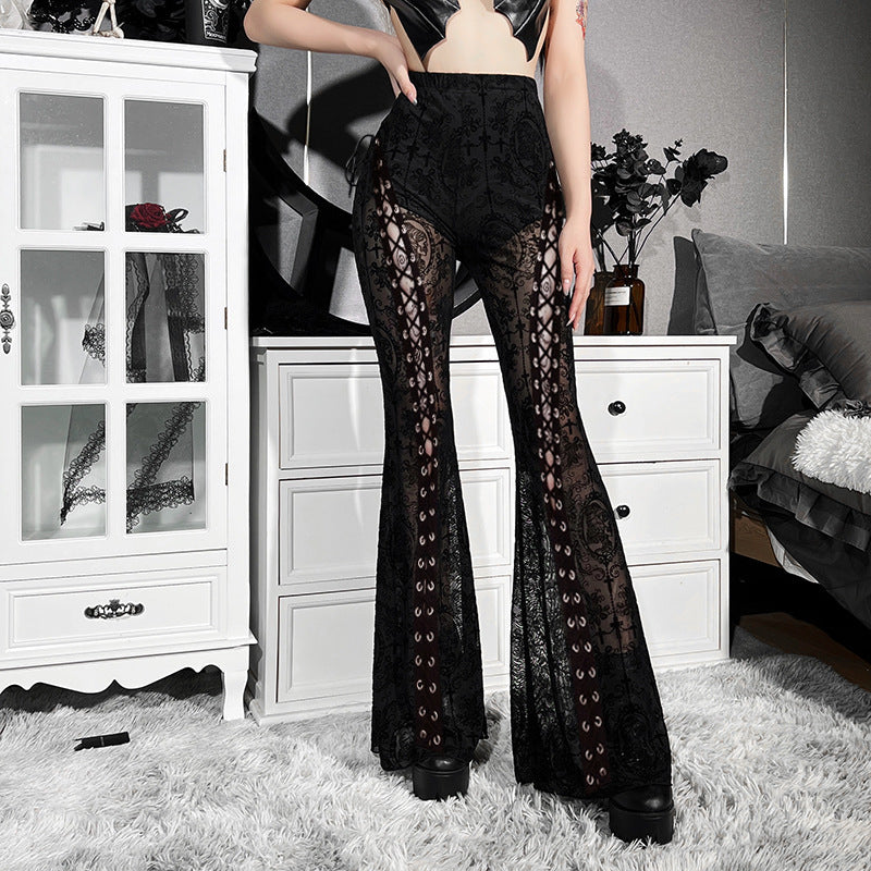 Strap pants mesh flared pants