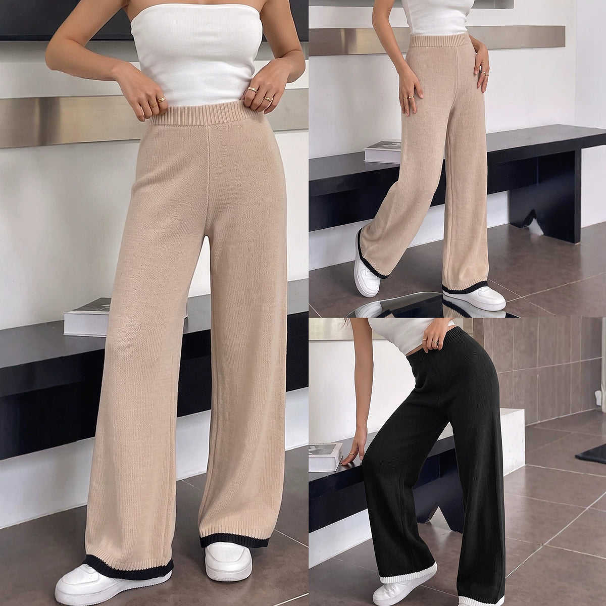 Fall Knit Pants Woven Women's  Casual Pants Waist Straight Leg Wide Leg Pants