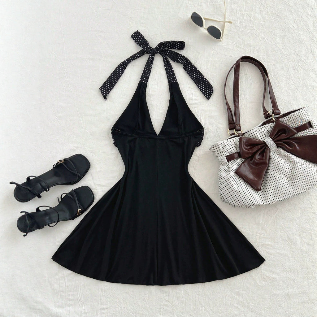 V-neck hanging neck strap slim fit dress