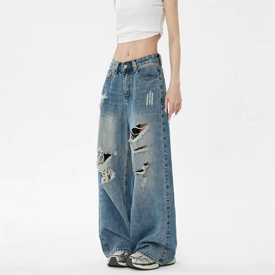 Vintage Blue Ripped Washed Denim Pants Women Leg Pants