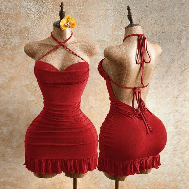 Pure and Seductive Shoulder Strap Dress with Pleated Waist,  Fitted Bodycon Mini Cocktail Dress
