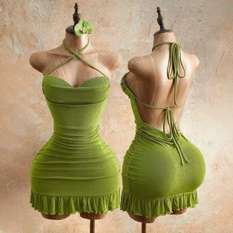 Pure and Seductive Shoulder Strap Dress with Pleated Waist,  Fitted Bodycon Mini Cocktail Dress