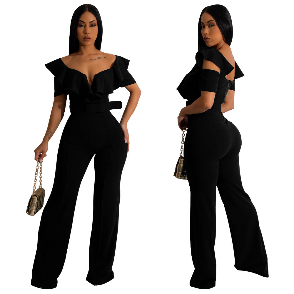 V-neck ruffled sexy waist cinching jumpsuit for women