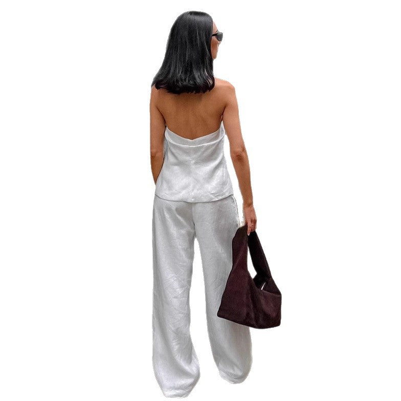 White Off-the-Shoulder Top and Pants Set for Women - Simple Casual Vest and Long Pants Two-Piece Outfit