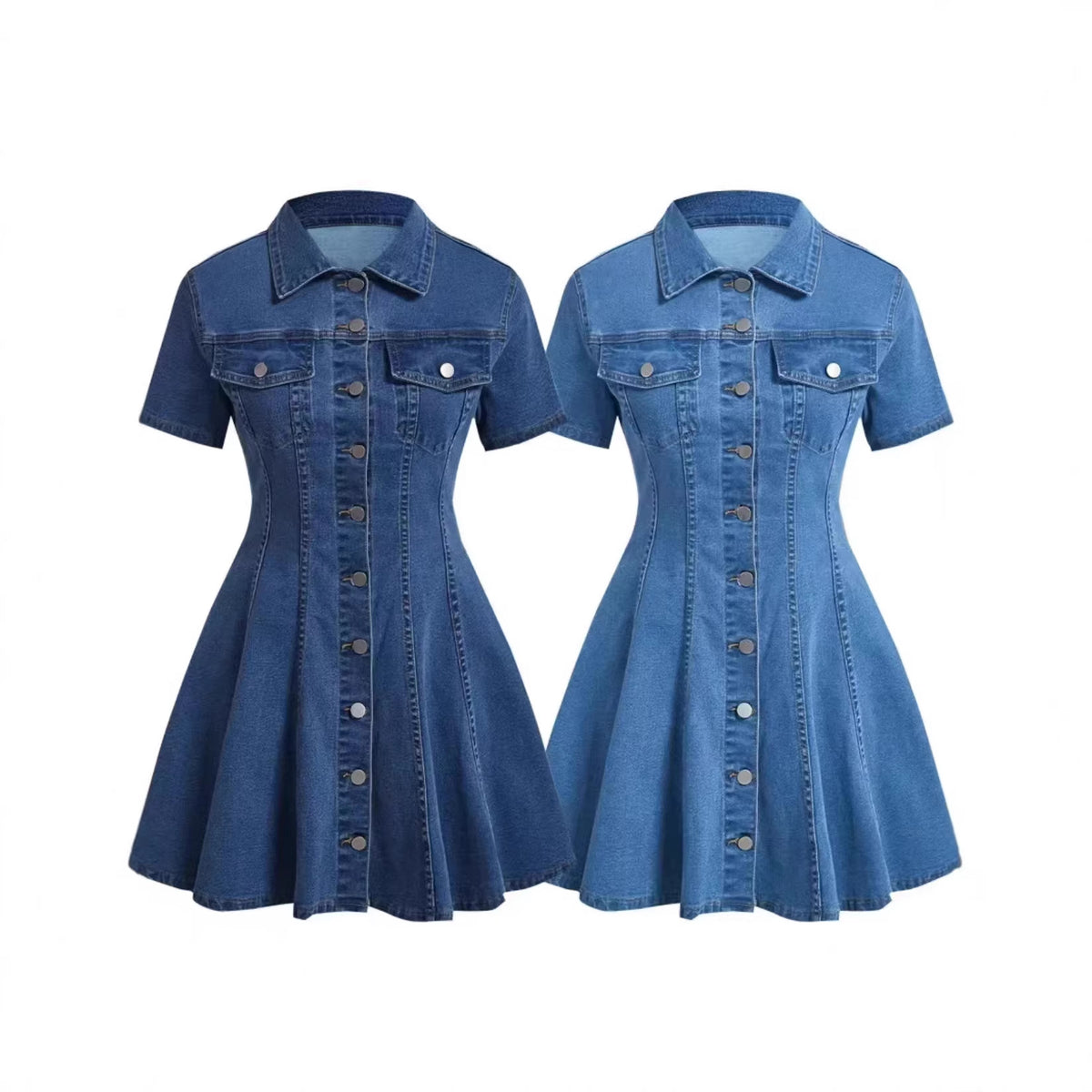 Western-style denim short-sleeve open-front fitted dress for women