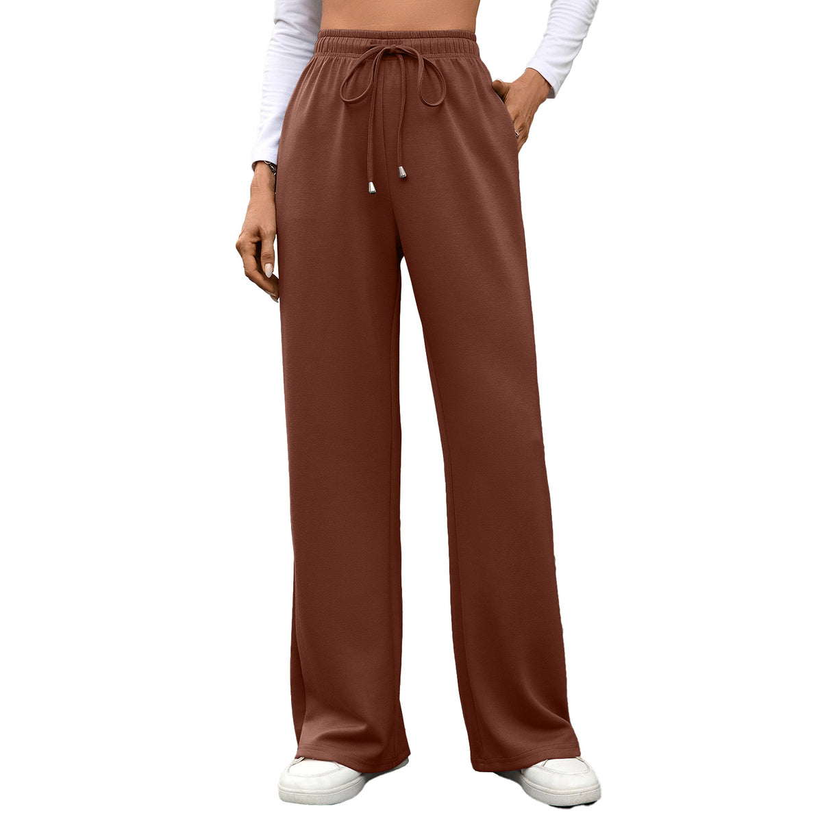 Solid color elastic waist pocket loose straight leg pants for women