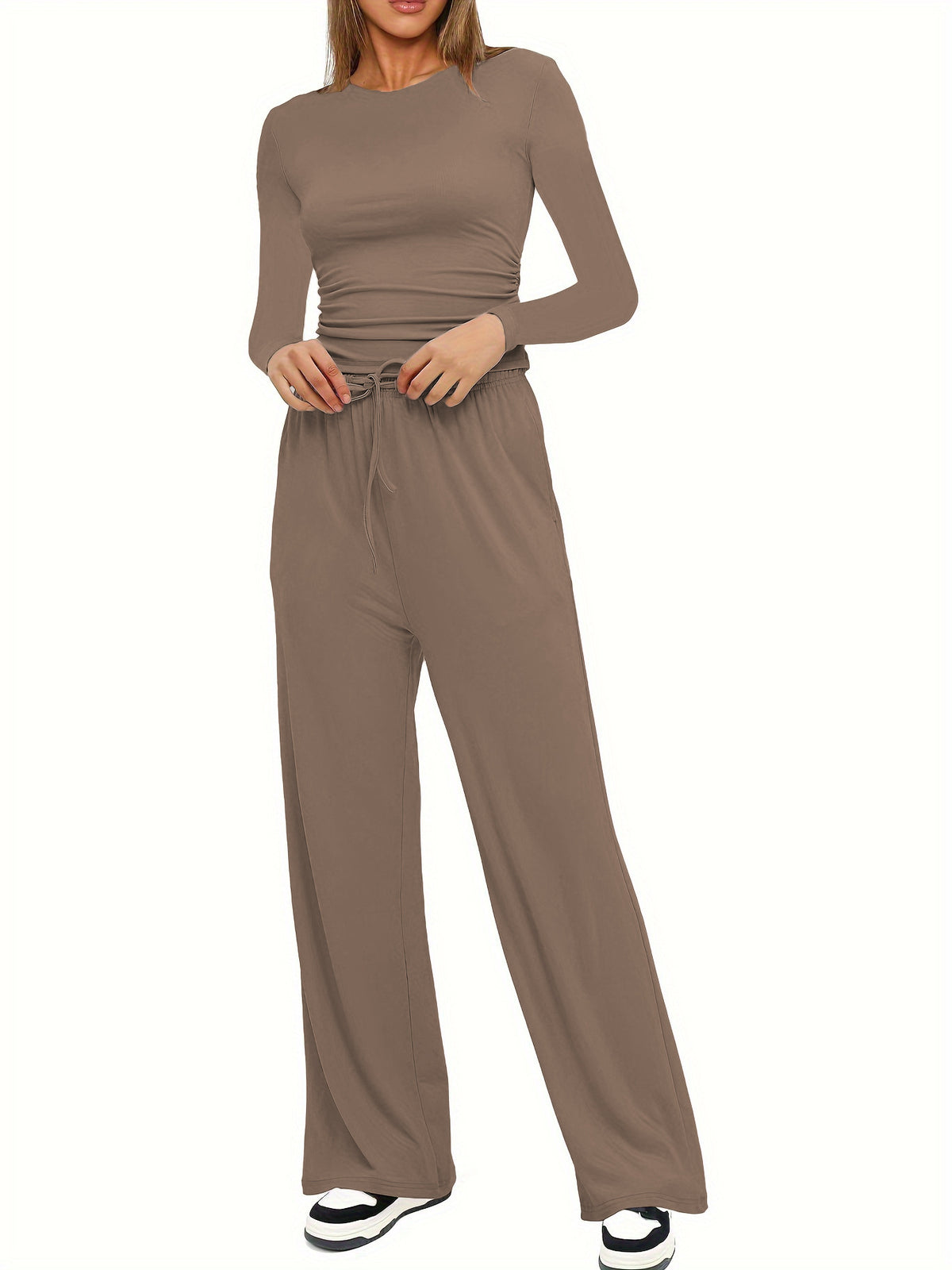 Casual Set Pleated Design Solid Color Long Sleeve Top High Waist Wide Leg Pants Sportswear