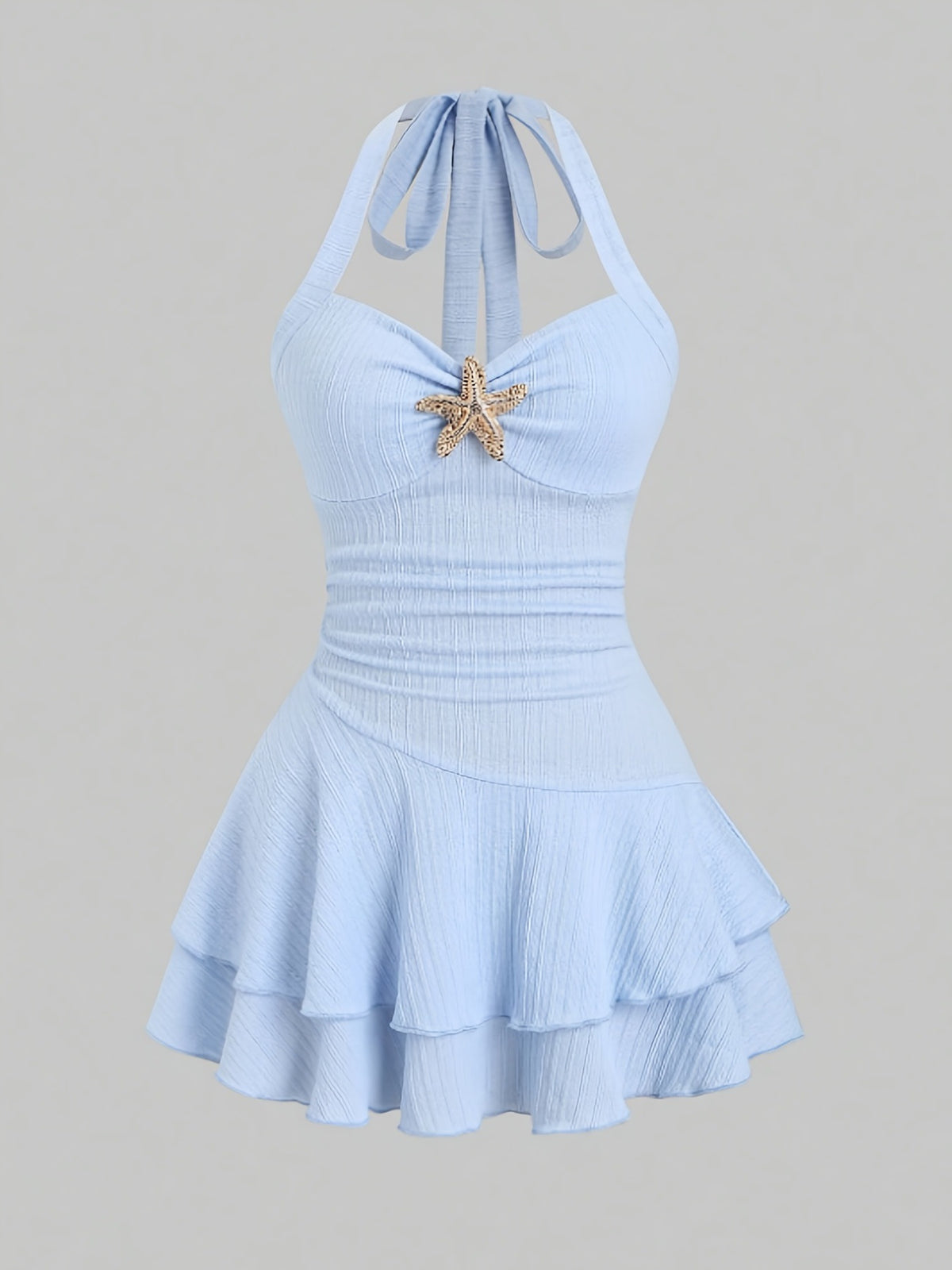 Halter neck slip dress with starfish decoration, pleated, waist-cinching short skirt