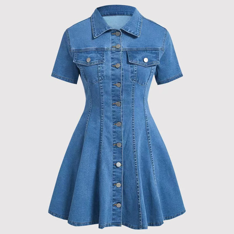 Western-style denim short-sleeve open-front fitted dress for women