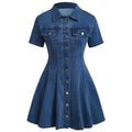 Western-style denim short-sleeve open-front fitted dress for women