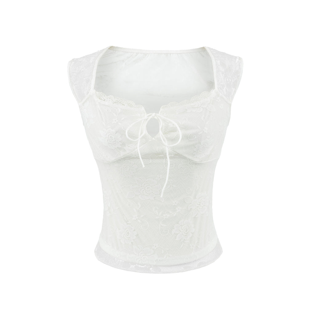 Seductive Design White Lace Square Neck Short Sleeve T-Shirt for Women,