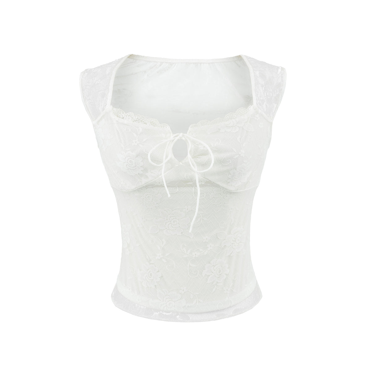 Seductive Design White Lace Square Neck Short Sleeve T-Shirt for Women,