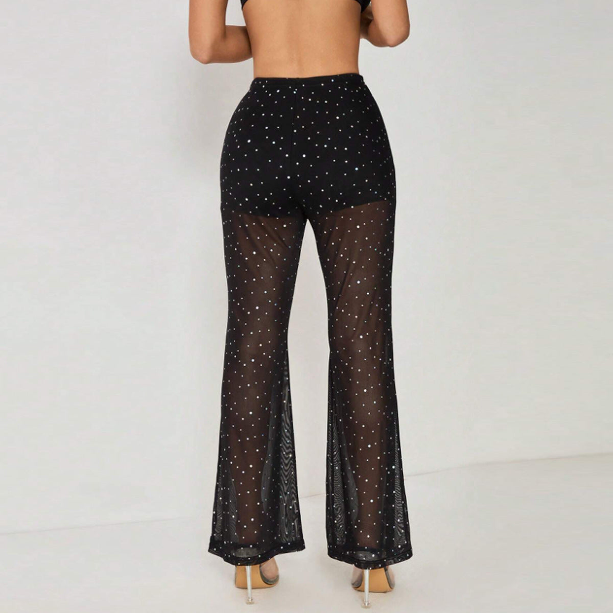 Tailored mesh see through rhinestone pants for women