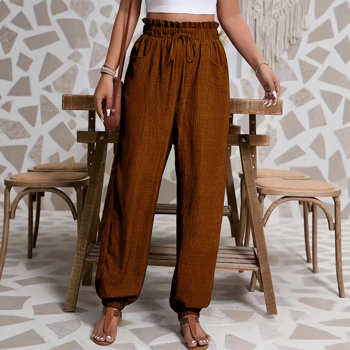 Elastic solid color pants for women