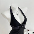 V-neck hanging neck strap slim fit dress