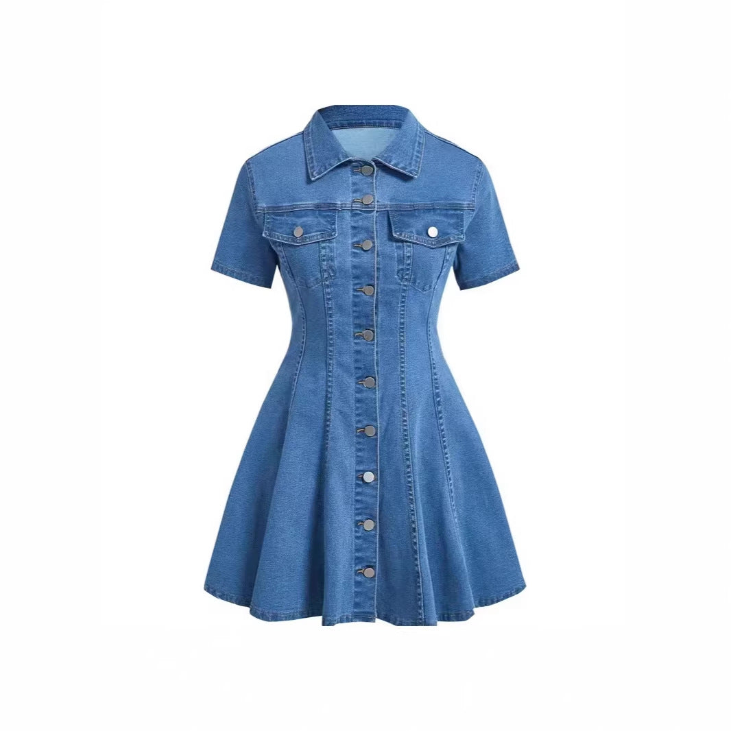 Western-style denim short-sleeve open-front fitted dress for women