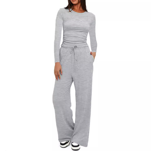 Casual Set Pleated Design Solid Color Long Sleeve Top High Waist Wide Leg Pants Sportswear