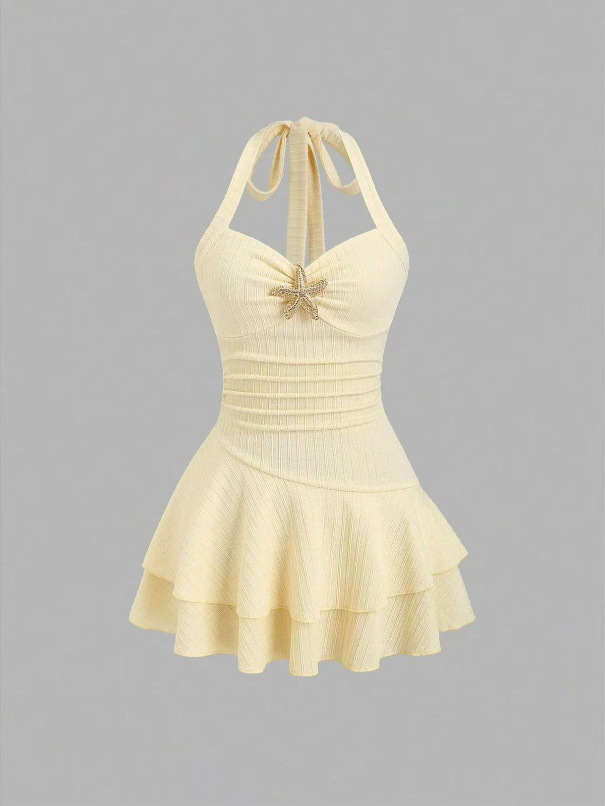 Halter neck slip dress with starfish decoration, pleated, waist-cinching short skirt