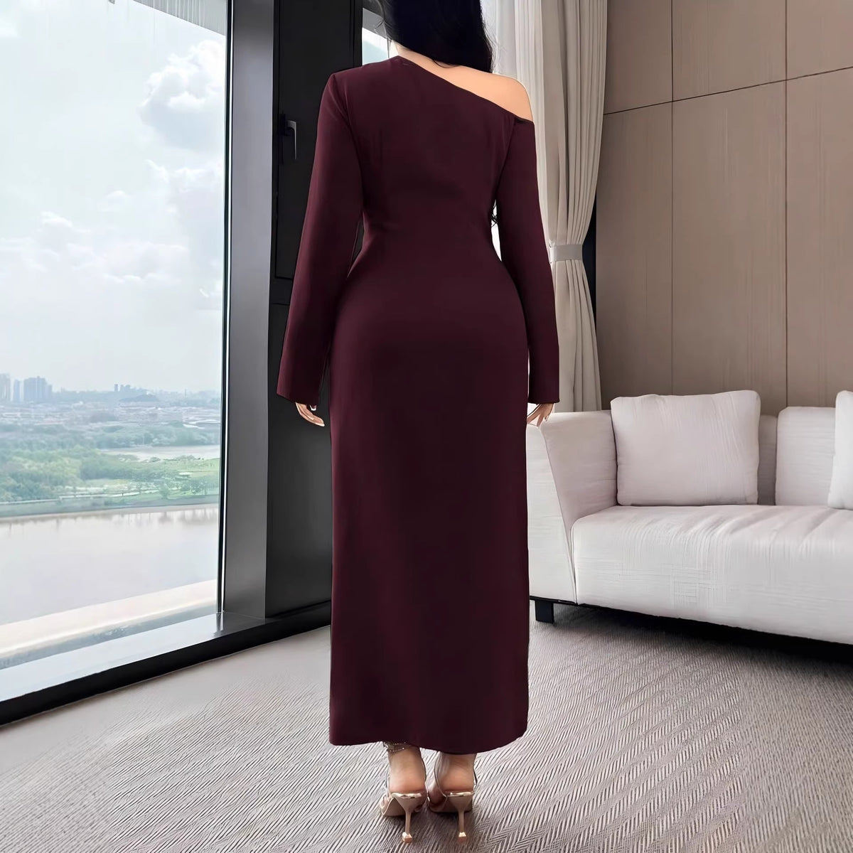 Elegant Red Asymmetrical Neck Long Sleeve Dress for Women Pleated Waist-Fitted Bodycon Style, Chic and Sophisticated Design