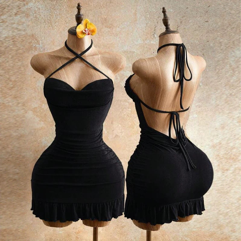 Pure and Seductive Shoulder Strap Dress with Pleated Waist,  Fitted Bodycon Mini Cocktail Dress