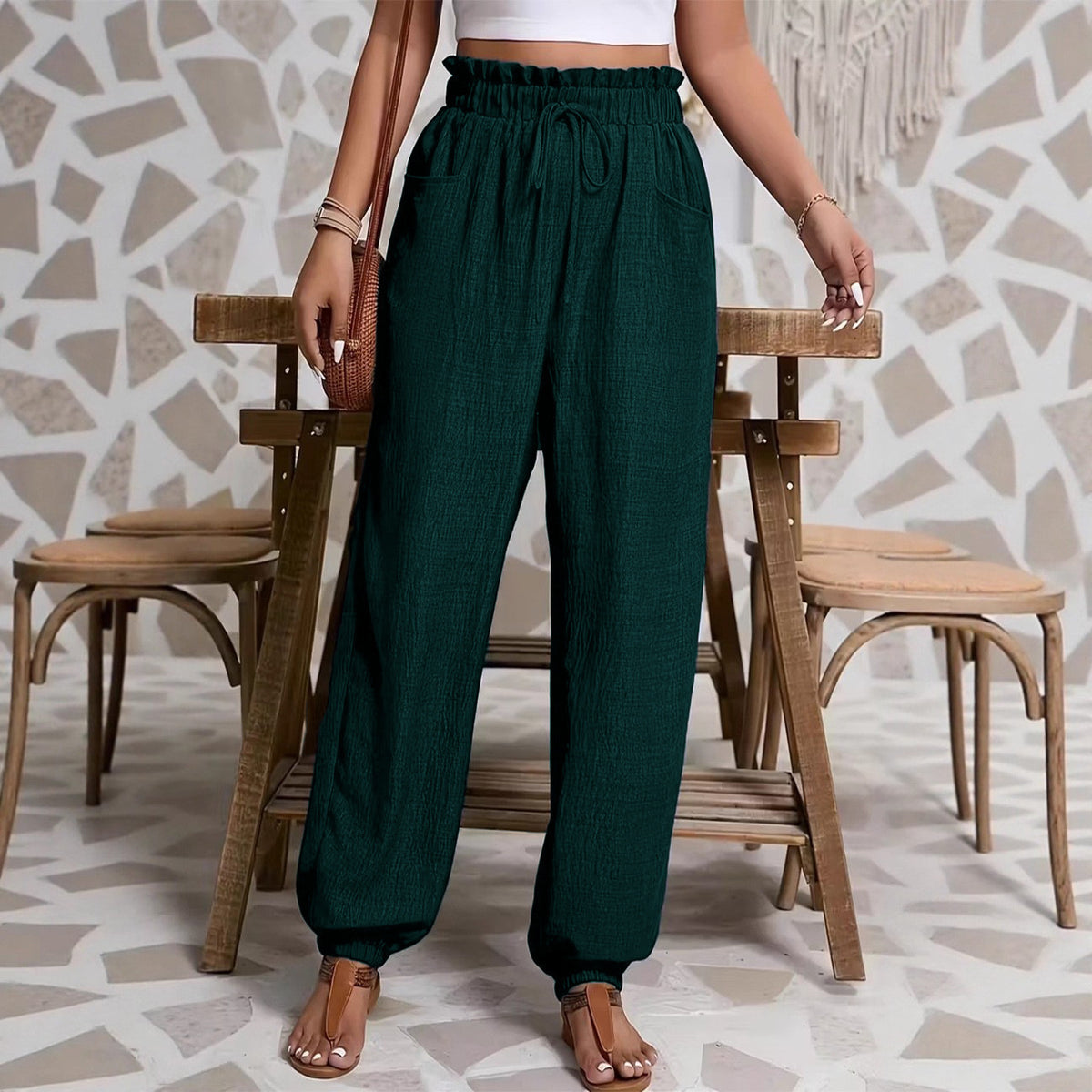 Elastic solid color pants for women