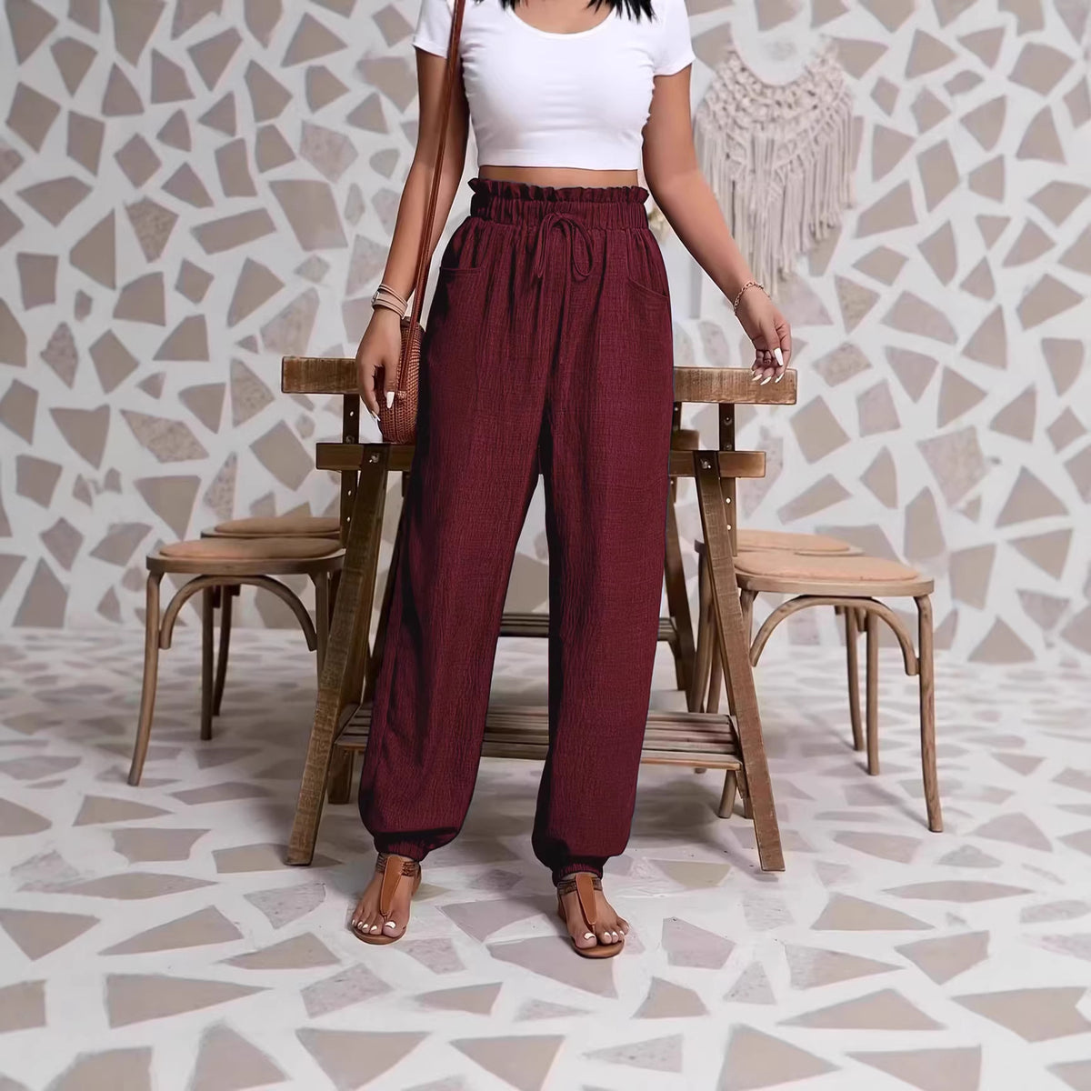 Elastic solid color pants for women